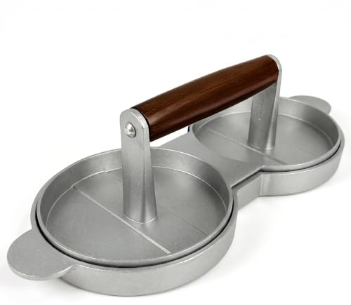 Chabrias Ltd Double Burger Press Quarter Pounder Patty Maker, Non-Stick Coated Cast Aluminium Hamburger Mould with Wooden Handle, Twin 12cm Burger Press for BBQ, (2 Large Press)