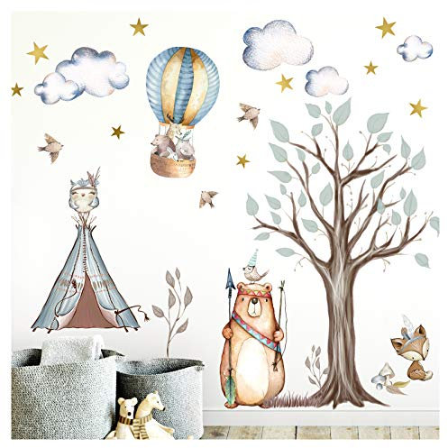 Little Deco Aufkleber Indianer Waldtiere I Wandbild L - 114 x 107 cm (BxH) I Zelt Sterne Wandsticker Kinder Wandtattoo Kinderzimmer Baby Deko Babyzimmer DL305
