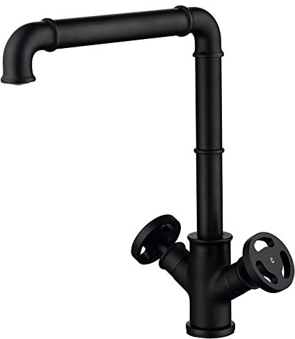 Küchenarmatur 360° Drehbar Heißem und Kaltem Einstellbarer Mischbatterien Küche, Industrieller Vintage Stil Double Handrad Messing Küche Waschbecken Armatur, mit 3/8 Trinkwasserschlauch*2 60cm