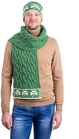 SAOL Grün Kleeblatt Strickschal Drei Shamrock Merino Wollschal für Herren aus 100% Merinowolle Winterschal, in Natur/Holzkohle/Marine/Grün (Grün)