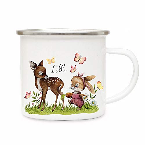 ilka parey wandtattoo-welt Emaille Becher Camping Tasse Motiv Hase Häschen mit Reh & Wunschname Name Kaffeetasse Geschenk eb496