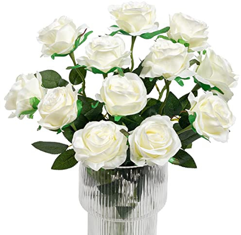 Kisflower 12Pcs Rosen Künstliche Blumen Realistische Einzelstielblumen Seidenrosenstrauß für Hochzeitsfeier Büro Home Decor (Weiß)