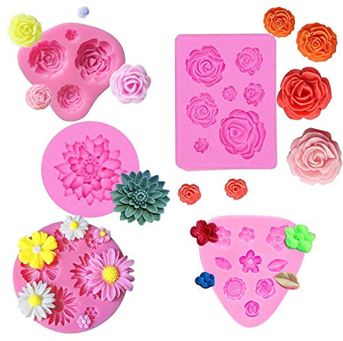 5 Pcs Flower Silicone Moulds, Fondant Flowers Mould Chocolate Rose Cake Mould Silicone Rose Mold 3D Flowers Icing Mold Daisy Moulds Silicone Leaf Molds Polymer Clay for Cake