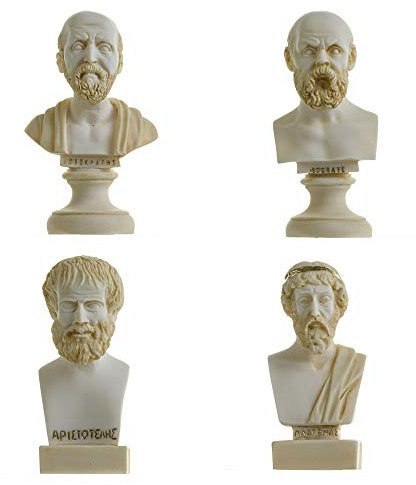 Set mit griechischen Philosophen Büsten Sokrates Aristoteles Hippokrates Plato Alabaster Statuen Goldton