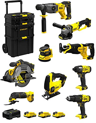 STANLEY FatMax Kit SVK900 (SFMCH900 + SFMCG400 + SFMCD711 + SFMCF800 + SFMCS500 + SFMCS600 + SFMCW220 + SFMCS300 + SFMCE500 + 3 Batterien 2,0 Ah + Ladegerät + Caddy 3in1)