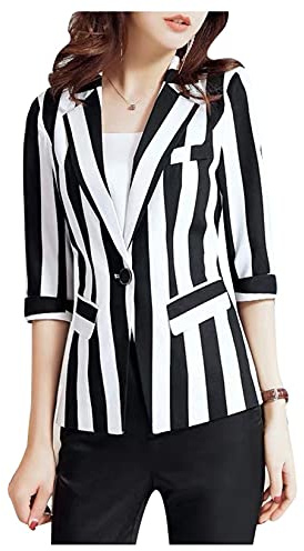 Dawwoti Damen Schwarz Weiß Streifen Blazer Reverskragen Falsch Tasche Jacke 3/4 Arm Blazer Eine Taste Lässig Anzug