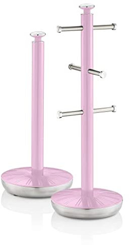 Swan SWKA1054PN Retro Kitchen Towel Pole and 6 Branch Mug Tree, Pink