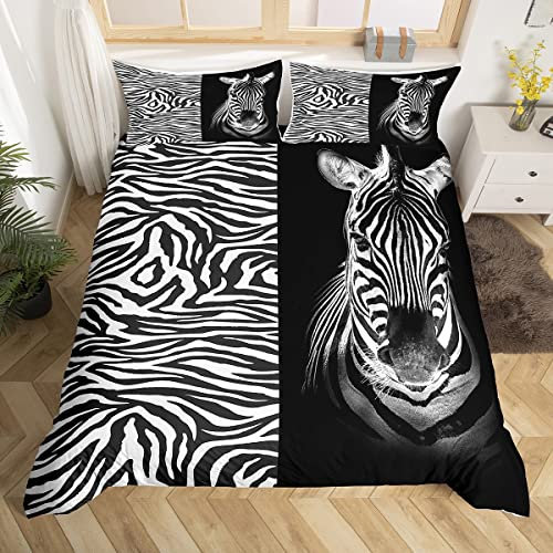 Loussiesd Zebra Bettwäsche Set 135x200cm Karikatur Zebra Gestreift Drucken Bettbezug Set Für Kinder Kind Jugendliche 3D Schwarz Weiß Pferd Ross Betten Set Afrika Wild Tier Schlafzimmer Dekor 2St