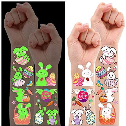 Leesgel Oster Tattoos Kinder, 10 Blätter Leuchtende Temporäre Tattoos für Kinder Osterkorbtüten Füller, Oster Deko, Ostereier tattoo Aufkleber für Glow Ostergeschenke Partybedarf Gefälligkeiten