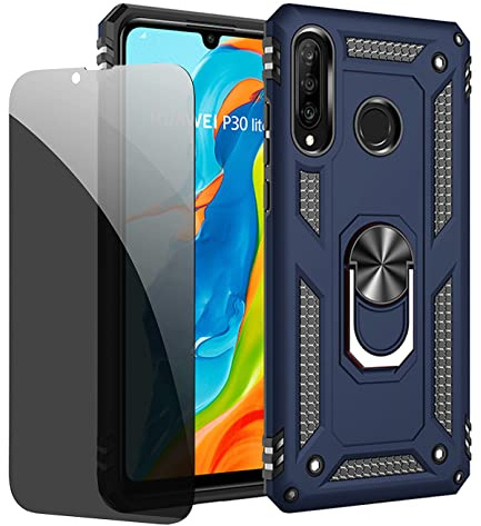 JOYTAG Funda para Huawei P30 Lite Carcasa Azul con Protector de Pantalla de Privacidad, Anti Espía Cristal Templado