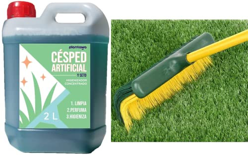 PLANTAWA Pack Higienizador Concentrado 2L + Cepillo (Sin Mango) | Limpieza Césped Artificial para Todo Tipo de Césped | El embalaje puede variar