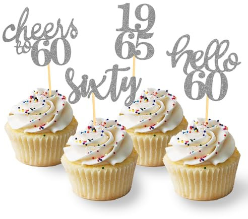 24 Stück Glitzer 60. Geburtstag Cupcake Topper Geburtstagsdeko von 1965 für 60 Geburtstagsfeier Zubehör Party Dekoration Kuchendekoration (Silber)