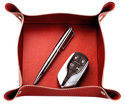 DELMON VARONE Svuotatore tascabile, 14 x 14 cm, in ecopelle vegana (rosso), svuotatore tascabile, guscio portachiavi e portapenne, ripiano per gioielli, monete e telefono cellulare, elegante