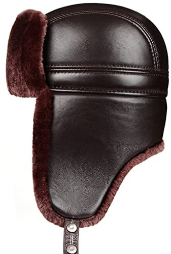 ZHOUXIAO Winter Lederhut Aviator Hut Ohrlappen, Unisex Winddichte wasserdichte Mütze Echte Lederhüte Bomber Trapper Hut, Warme Jagd Hut Russian Kunstpelz Trooper Hut, Geschen brown1-58-59CM