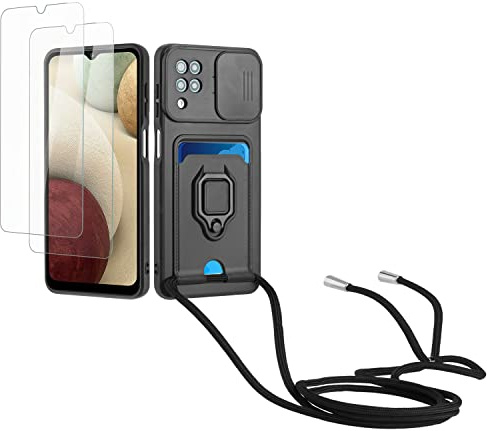 Kaslly Cordon de Coque Compatible avec Samsung Galaxy A12/M12/F12+[2 Pièces Verre Trempé],Couvercle Coulissant de la Caméra+Support Annulaire à 360 Degrés,Fentes pour Cartes-Noir
