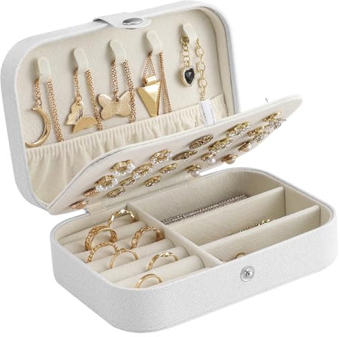 CNMTCCO Jewellery Box Small Travel Jewelry Organiser Storage Case for Necklace Rings Bracelets Earrings Premium Faux PU Leather Jewellery Gift Box Girls Women (White)