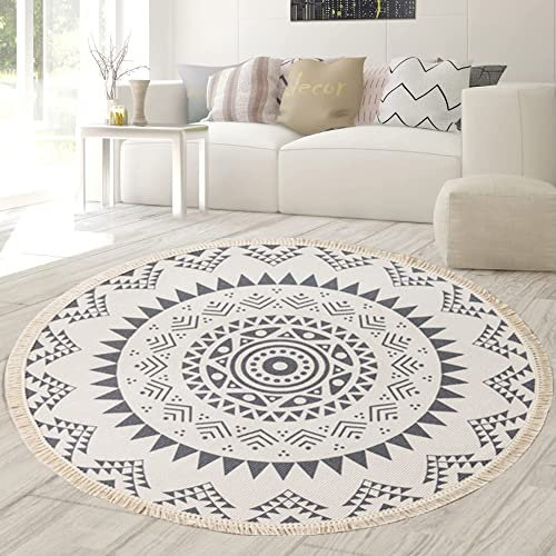 Bylphy Bohemian Dekorative Teppich mit Quasten 90cm Baumwolle Handgemachte Weben Teppich Waschbare Mandala Runder Teppich Baumwollteppich for Wohnzimmer Kinderzimmer Schlafzimmer Teetisch