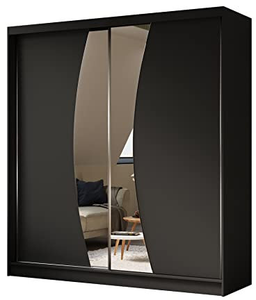 ALTDECOR Kleiderschrank mit Spiegel und Schiebetüren, kugelgelagerte Führungsschienen und Aluminium-Leisten - VOXI - 200 cm Schwarz