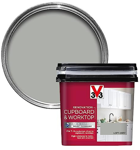 V33 Renovation Cupboard & Worktop Paint - No Undercoat Needed - High Resistance To Water Stains & Scratches - Ultra Washable - Loft Grey 750ml