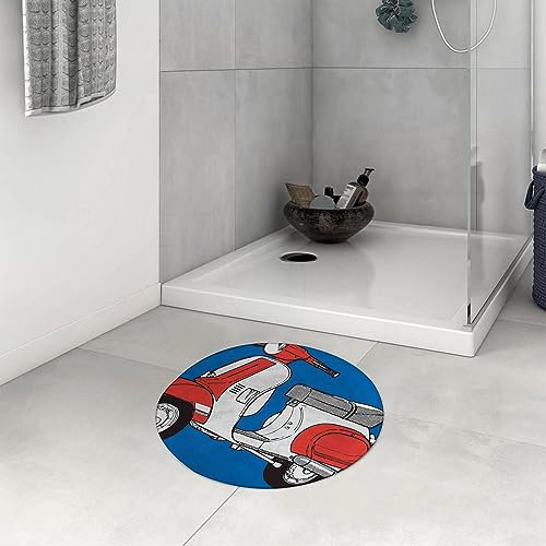 Badezimmerteppich rutschfest Funky Scooter Motorrad Retro Vintage Vespa Soho Wheels Rome Graphic,Vermilion Waschbar teppich rund Weich Flauschig Badteppich Weich Kurzflor Mikrofaser Badvorleger 60 cm