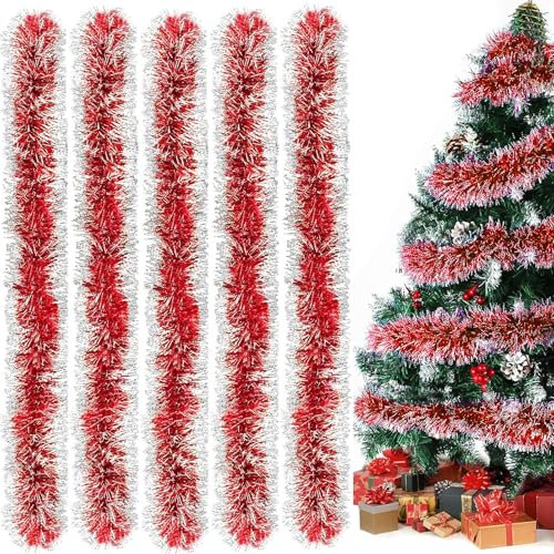 10M Weihnachten Lametta Girlande, Weihnachtsbaum Lametta Girlande Weihnachten, Weihnachtsgirlanden Glänzend Weihnachtsbaum Girlande, Für Weihnachten Hochzeiten Urlaubsfeiern(Rot)