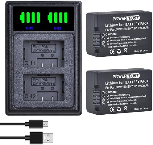 PowerTrust 2Pcs DMW-BMB9E DMW-BMB9 Battery and Charger for Panasonic Lumix DC-FZ82 DMC-FZ72 DMC-FZ62 DMC-FZ150 DC-FZ85 DC-FZ80 DMC-FZ100 FZ70 FZ45