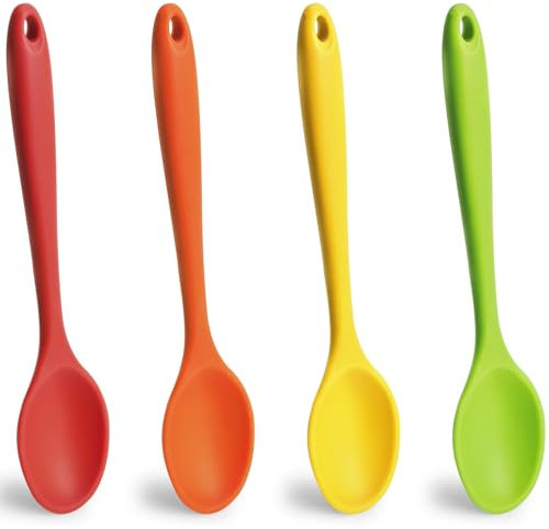 HAKACC Lot de 4 cuillères en silicone colorées - Petites cuillères à mélanger - Cuillères de cuisine en silicone - Cuillères de service en silicone pour la cuisine, la pâtisserie, le remuer