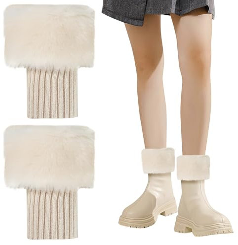 Heveer Beinwärmer Damen Beinstulpen Gestrickte Bein Wärmer Winter Stiefel Abdeckung Kunstpelz Stulpen Damen Mädchen Stiefelstulpen Cremefarben