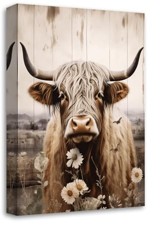 CXHOSTENT Hochlandkuh Leinwandbilder lustige Kuh mit Blumenbildern rustikale Bauernhoftier Kunstdrucke für Bauernhaus Dekoration (B, 30.00 x 45.00 cms)