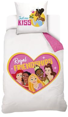 Disney - Housse de couette Disney Princesses Cœur 140x200 cm + 1 Taie d'oreiller 63x63 cm - 100% Coton - Blanc