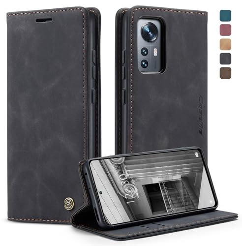 owlhold Handyhülle für Xiaomi 12/12X/12S Hülle, Premium Lederhülle Weiches Vintage-Nubukleder Faltbare Ständer Klapphülle Kartenfach Standfunktion stoßfest Schutzhülle -Schwarz
