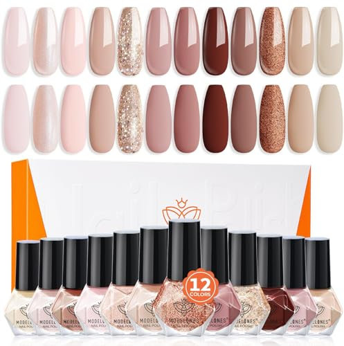 Modelones Nail Polish Set - 12 Colors Nude Brown Gold Glitter Autumn Varnish Neutral Pink Finger Polish Bulk Manicure DIY Art Salon Home