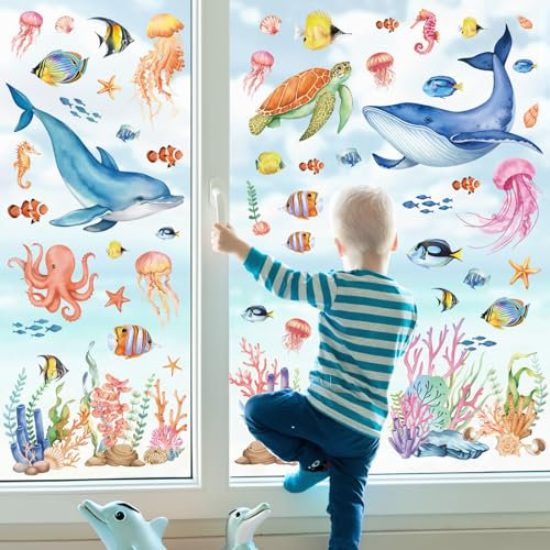 wondever Fenstersticker Unterwasserwelt Fische Delphin Fenster Aufkleber Unter dem Meer Seetang Fensterbilder Fensteraufkleber Anti-Kollision Doppelseitig Glasaufkleber Frühling Sommer Glas Deko