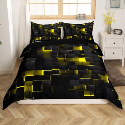 Homewish Abstrakte Geometrische Bettbezug 155x220 Abstrakte Schwarze Gelbe Check Bettwäsche Set Stereoskopische Gitter Plaid Tröster Abdeckung Glühende Neon Licht Quadrat Bett Set Ziegel Wand Design