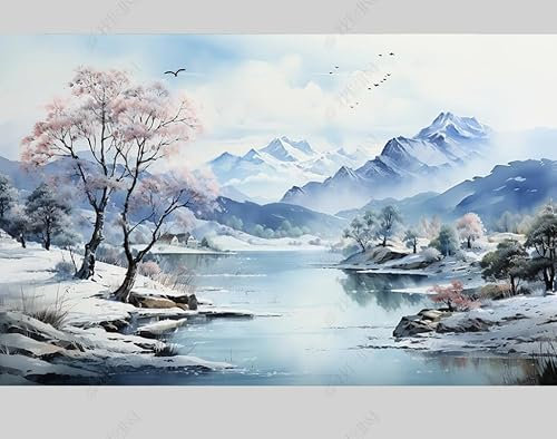 Fototapete Schnee Berg Fluss Bäume Naturlandschaft Vliestapeten Tapete Schlafzimmer Wohnzimmer Fototapete 3D Tapete 150Cm(W)*105Cm(H)