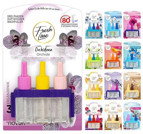 FRESH LINE® Duftstecker Nachfüller 6er Pack (3x7ml) – 3-Phasen-Wechsel – komp. zu 3VOLUTION – Lufterfrischer – 6 Düfte: Wildbeeren, Jasmin Limetten, Aprilfrisch, Goldene Orchidee, Vanille, Orchideen