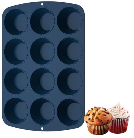 Silikon Muffinform 12 Muffins Muffinförmchen Backformen - Silikonform Backblech Antihaftbeschichtet Silikonformen Muffinformen BPA frei Cupcakeförmchen für Kuchen, Eincreme und Pudding (1, Dunkelblau)