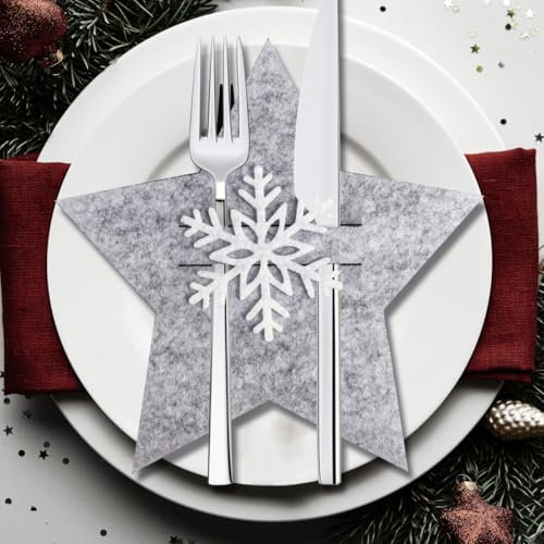 VOPIWOZ Platzset Weihnachten Filz, 12 Stern Bestecktasche Weihnachten, Grau Weiß Tischdeko Weihnachten, Bestecktaschen für Weihnachten Besteck, Gabeln und Löffel, Ideal für Weihnachtstischdeko