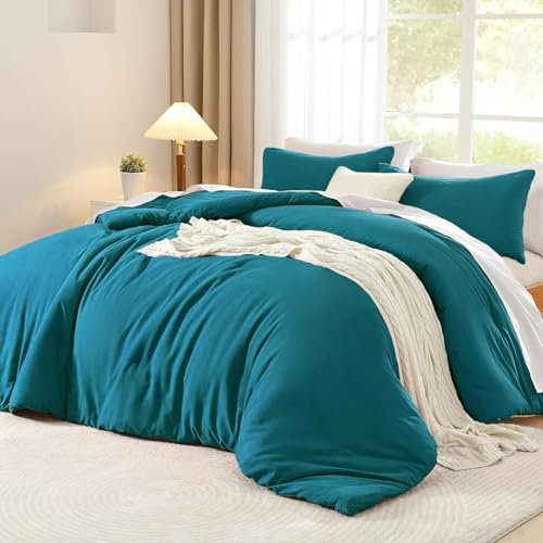 Luofanfei Housse de Couette Coton 200x200 Bleu Canard Pétrole Ado Adulte Garçon 2 Personnes Uni Parure de Lit Unie en Coton Parure Housse Couette zippée 200 x 200 avec 2 Taies d'oreiller 65x65cm