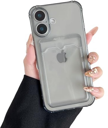 DEFBSC Compatible with iPhone 16, Transparent Back Card Holder Phone Case, Ultra Slim Soft TPU Shockproof Clear Case with Card Slot for Back of Phone, Black