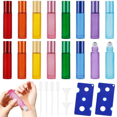 16 Flacon Roll on en Verre, Roll on Bouteille a un Bille en Acier Inoxydable, Bouteille Roll on en Verre a 2Décapsuleur/4Compte-gouttes/2Entonnoir, Bouteille à Rouleaux de 8 Couleurs(10ml/8.6*2*2cm)