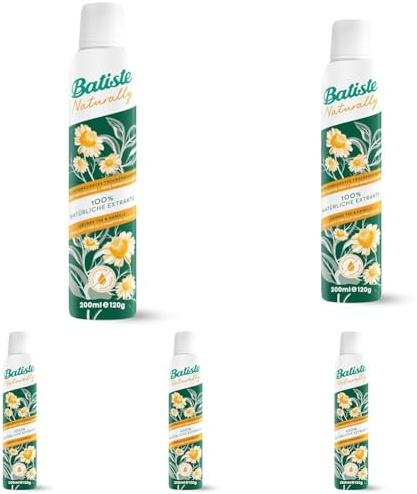 Batiste Trockenshampoo Naturally Grüner Tee & Kamille 200 ml, Trockenshampoo zum Auffrischen und Stylen der Haare, ohne Ausspülen, Haarstyling vegan, mit 100% natürlichen Extrakten (Packung mit 5)