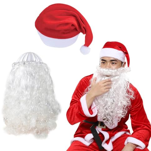 GXGM Weihnachtsmann-Mütze+Weihnachtsmann Bart Vollbart Weiß Erwachsene Weihnachtsmann Kostüm Accessoires Nikolaus Bart Karneval Halloween