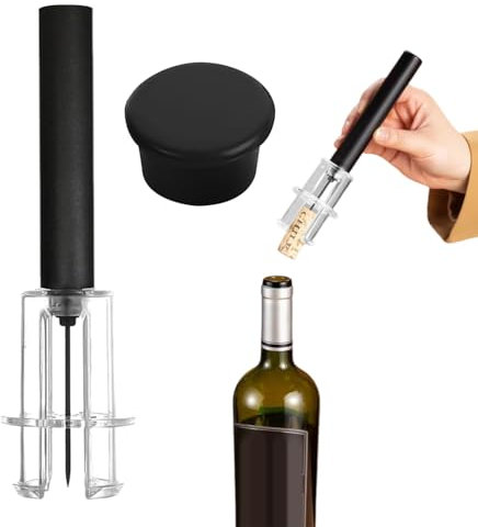 1 Piece of Wine Bottle Opener, 1 Piece of Black Wine Cap, Compressed Air Bottle Opener, Manual Air Pressure Bottle Opener, Wine Bottle Opener
