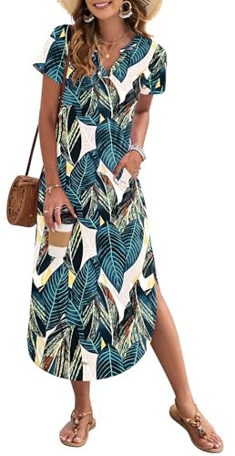 AUSELILY Women's Summer Casual Maxi Dress Short Sleeves V Neck Loose Sundress Split Long Beach Shirt Dress Vacation Leaf Print XL