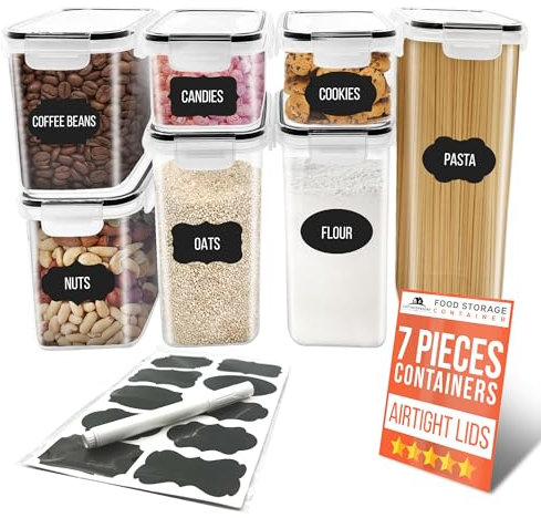 7 recipientes herméticos para alimentos, recipientes de almacenamiento de alimentos, sin BPA, paquete de 7 con etiquetas de pizarra y marcador, sistema de bloqueo de 4 lados, contenedores de