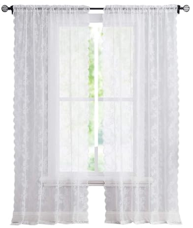 2er Set Gardinen transparent Blumen Stickerei, H:213*B:140CM (große Größe) | Modern Schlafzimmer Vorhänge, Große Spitzenvorhänge mit Transparent Lichtdurchlässige Vorhänge Muster Gardinen mit Ösen