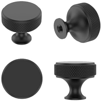 GegXcn 4 Pack Black Cupboard Knobs, Round Metal Knurled Cabinet Handles for Drawers, Dressers, Cabinets & Wardrobes, Matte Black Kitchen Door Knobs, Hardware for Most Decor Styles