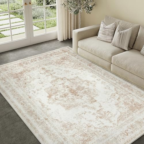 Vintage Beige Waschbarer Teppich Wohnzimmer 150x210cm Retro Rugs for Living Room Weich rutschfest Groß Tepich Kurzflor Schlafzimmer Carpet Living Room Bedroom Esszimmer Teppiche Büro