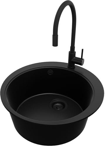 PRIMAGRAN Fregadero Granito Circular Todo Negro 53x53cm, Cocina 1 Seno + Grifo 40x38cm + Sifón, Sobre encimera al mueble 50cm - Pisa Max S018